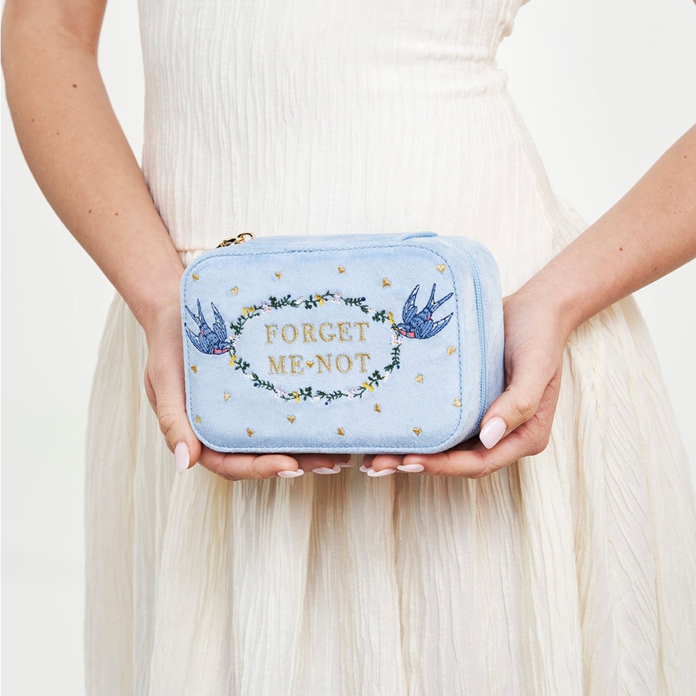 Blue Forget Me Not Velvet Embroidered Jewellery Box Large